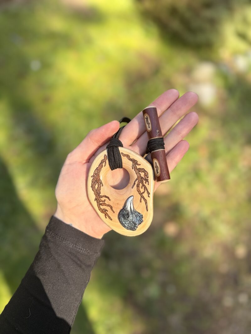 Madrone wooden toggle with polymer raven design - finished with lacquer