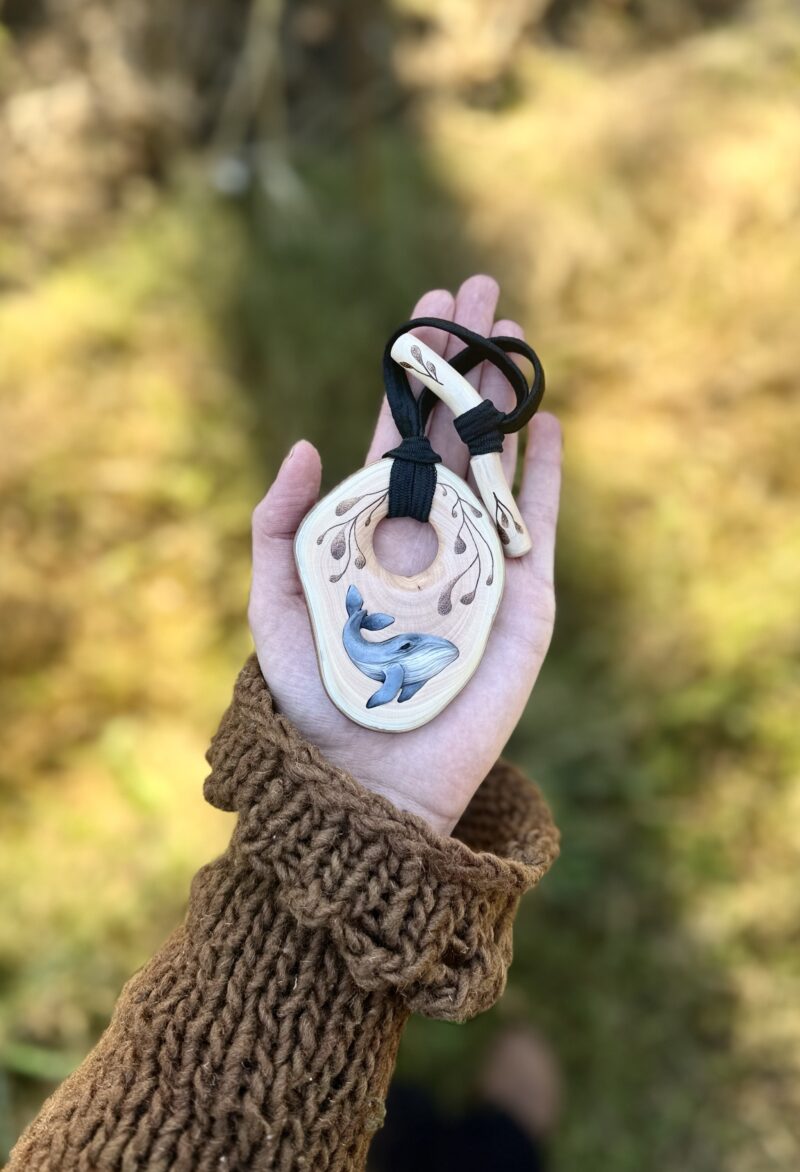 Madrone wooden toggle with polymer whale design - finished with lacquer