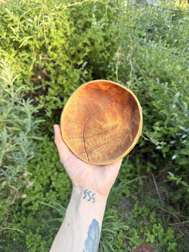6”x6” round plate/altar dish glazed with breastmilk, touched by fern🌿
