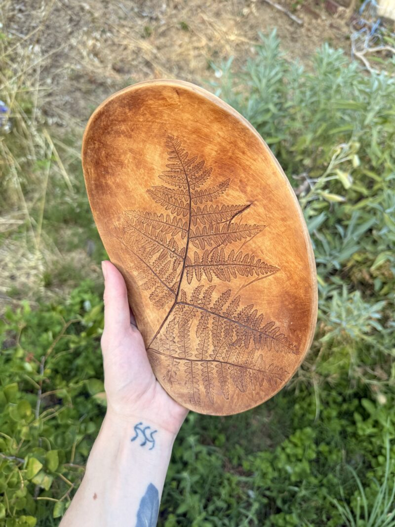 9.5”x6” Oval plate/altar dish glazed with breastmilk, touched by fern